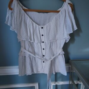 Sympli White Polka Dot Ruffled Blouse